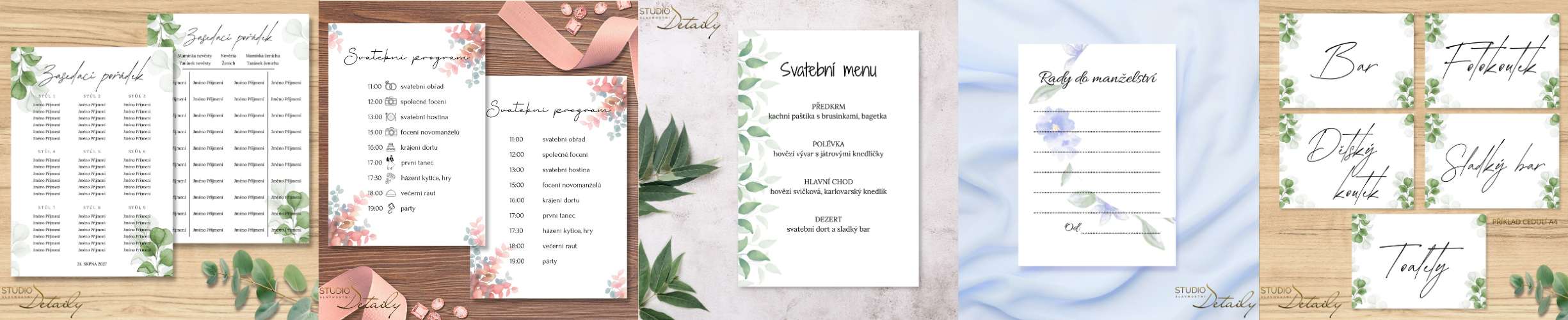 Svatební tiskoviny - zasedací pořádek, svatební program, svatební menu, rady do manželství, svatební cedule