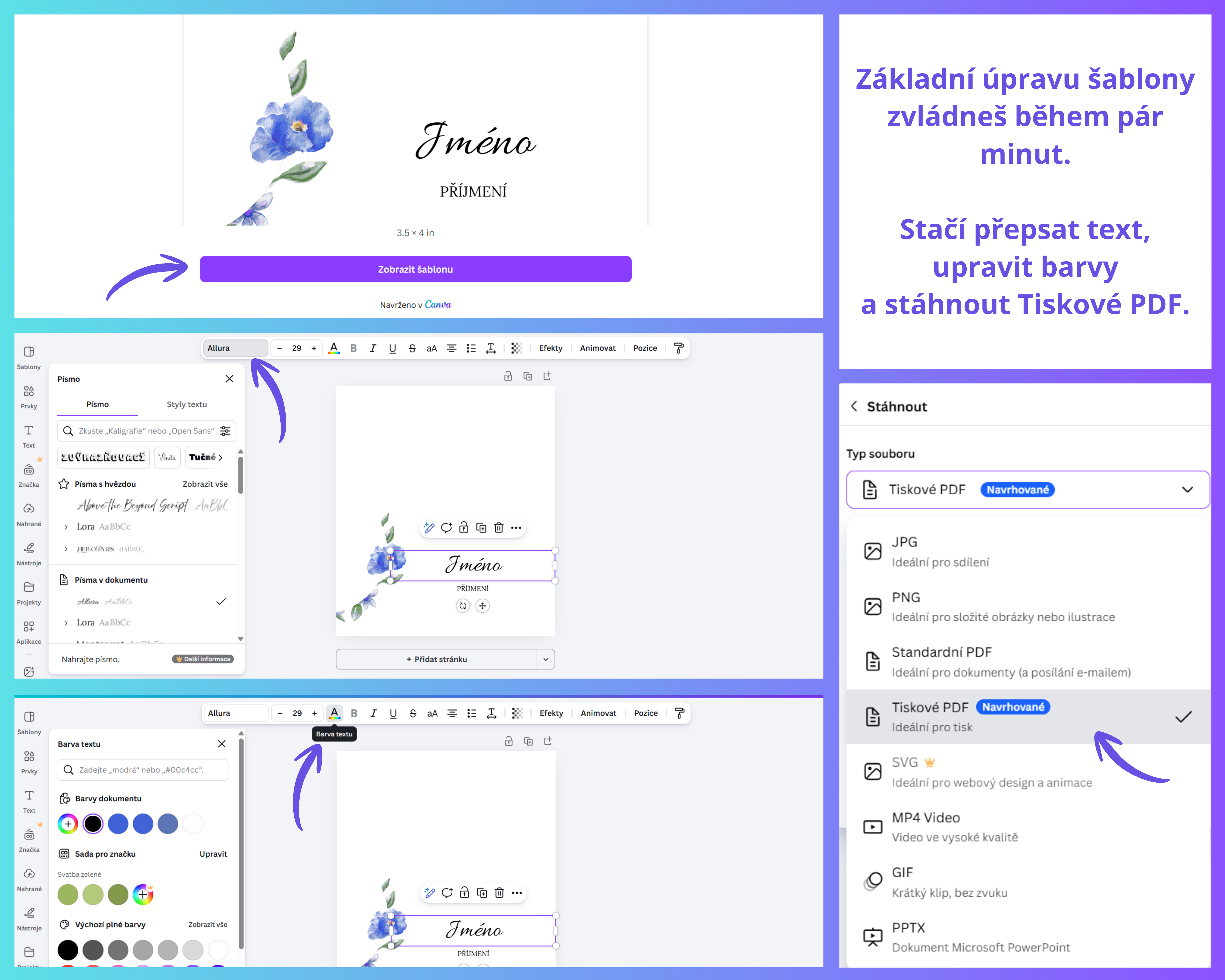 Základní úpravu šablony zvládneš během pár minut – stačí přepsat text, upravit barvy a stáhnout Tiskové PDF.