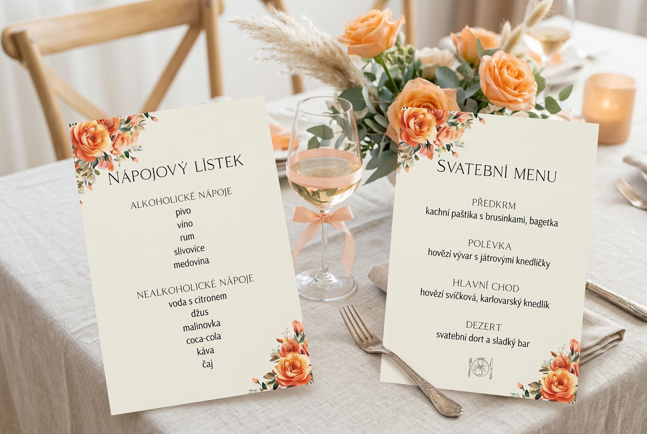 Svatební menu a nápojový lístek ve stejném designu