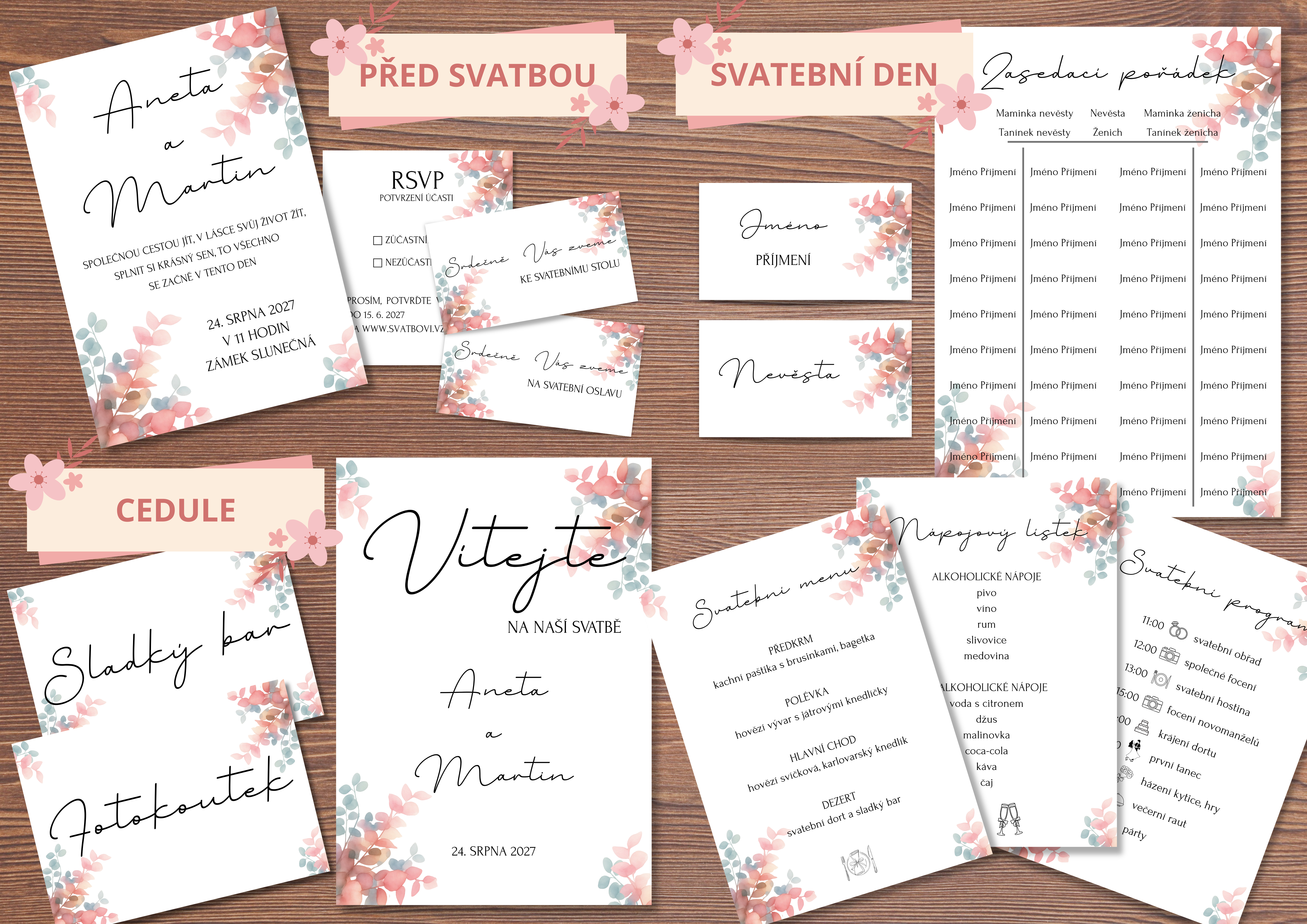 Co všechno patří do svatebních tiskovin – přehled svatebního oznámení, RSVP kartičky, pozvánek, menu, jmenovek, harmonogramu a dalších tiskovin.