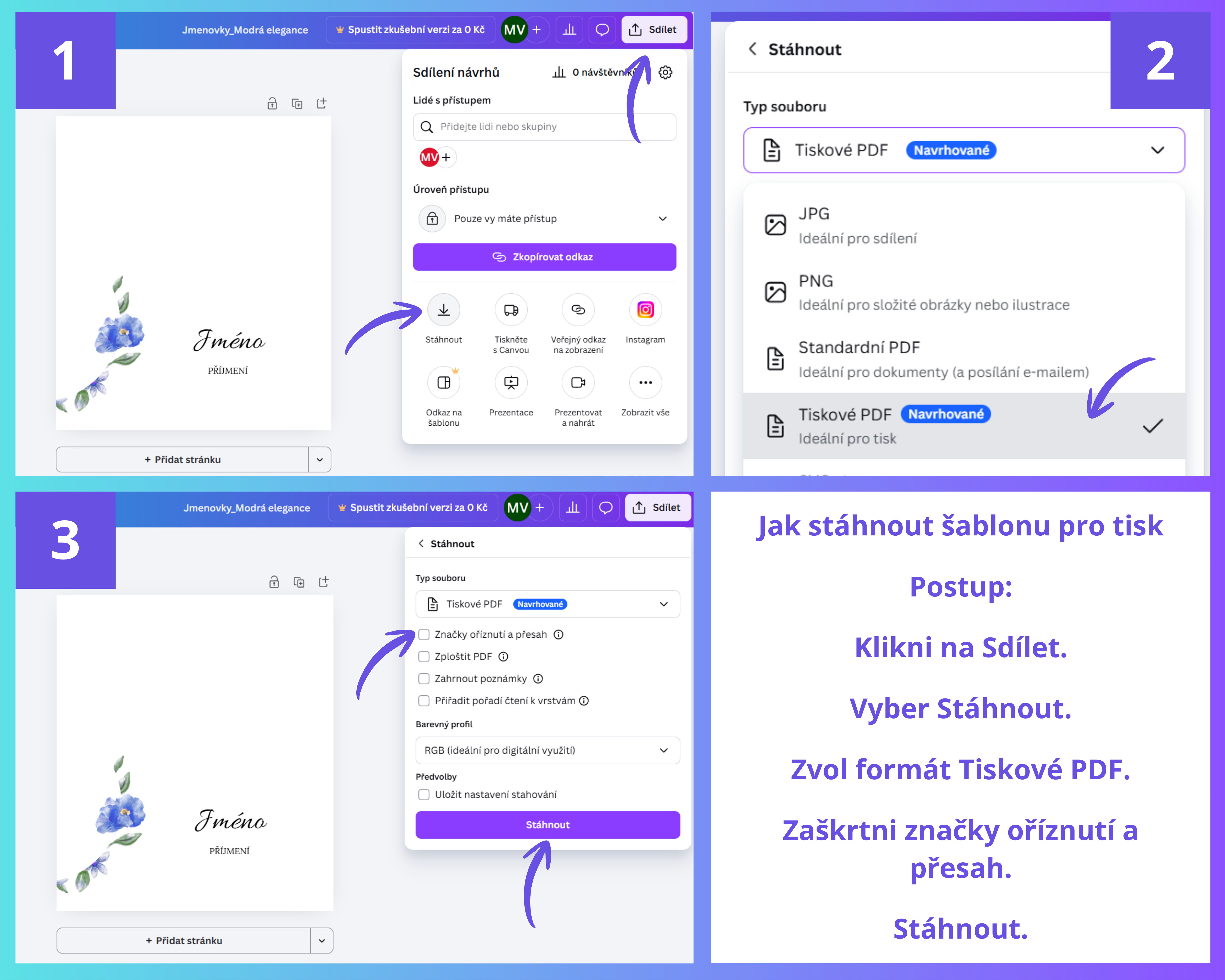 Jak stáhnout šablonu z Canvy, jako Tiskové PDF.