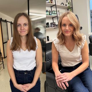 Před & po ✨ Někdy stačí jen malá změna… a cítíš se o kus víc sama sebou 💛 Vlasy, světlo, úsměv – a úplně jiná energie....