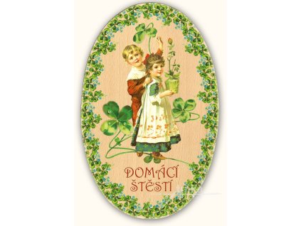 Domácí štěstí dvě děti a čtyřlístky dřevěné dekorační prkénko