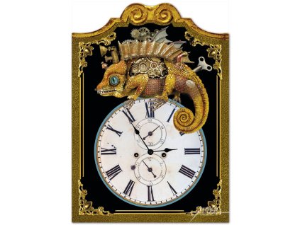 Velké nástěnné dřevěné hodiny - Steampunk, Mechanický chameleon