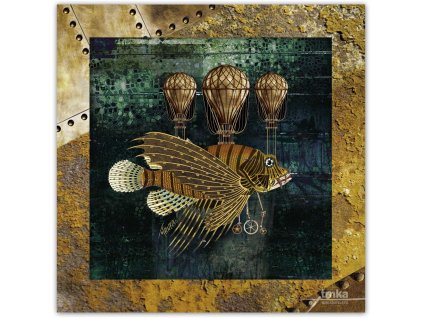 Steampunk, Létající ryba, zarámovaný obraz 30 x 30 cm