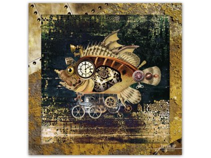 Steampunk, Mechanická ryba, zarámovaný obraz 26 x 26 cm