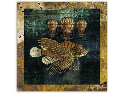 Steampunk, Létající ryba, zarámovaný obraz 26 x 26 cm