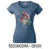 Šedomodré denim Dámské tričko hlubší výstřih Copak to papoušci našli