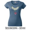 Šedomodré denim Dámské tričko hlubší výstřih Motýlí náhrdelník