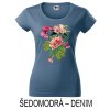 Šedomodré denim Dámské tričko hlubší výstřih Rozkvetlá zahrada
