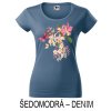 Šedomodré denim Dámské tričko hlubší výstřih Rozkvetlé orchideje