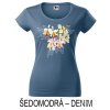 Šedomodré denim Dámské tričko hlubší výstřih Tajemství orchidejí