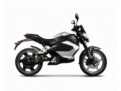 Elektrický e-motocykel T-Cros v bielej farbe, bočný pohľad na moderný mestský motocykel