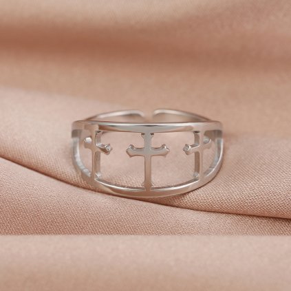 Prsten s nastavitelnou velikostí - tři křížky, stříbrná ocel