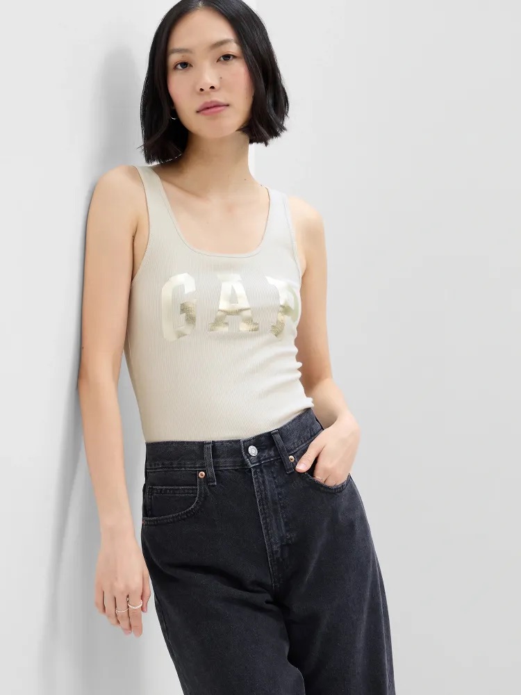 GAP Boyfriend TANK dámské tílko s logem béžová s lesklým nápisem Velikost: XXS