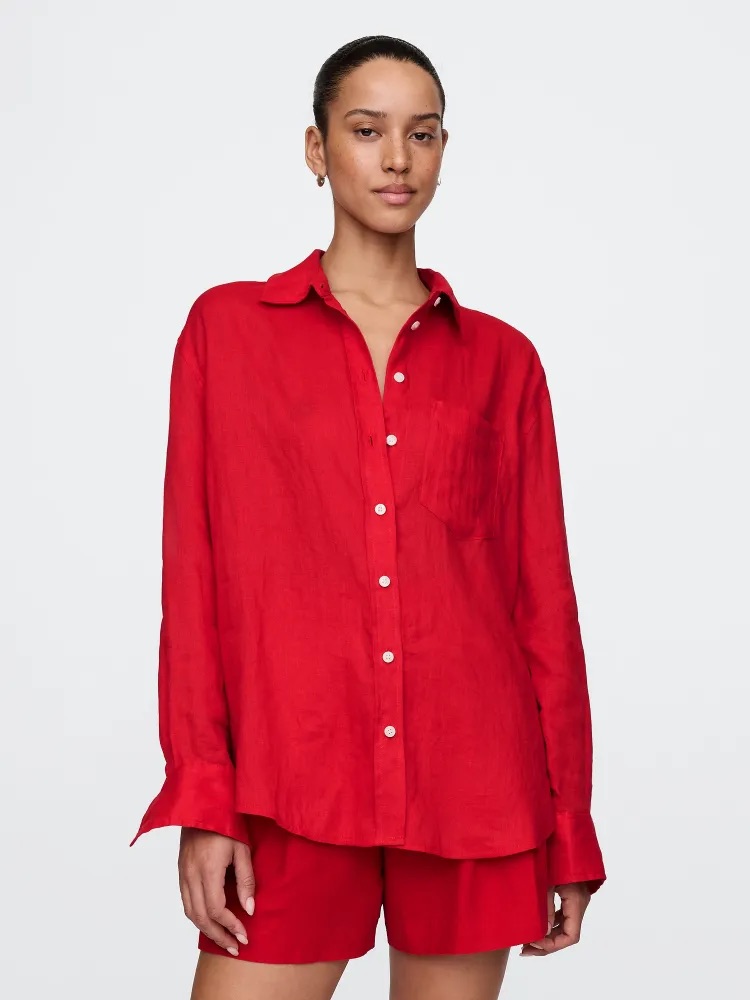 GAP Lněná oversize košile Big Shirt červená Velikost: XXS