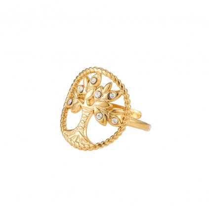 Prsten s nastavitelnou velikostí - strom života s kamínky, zlatá ocel