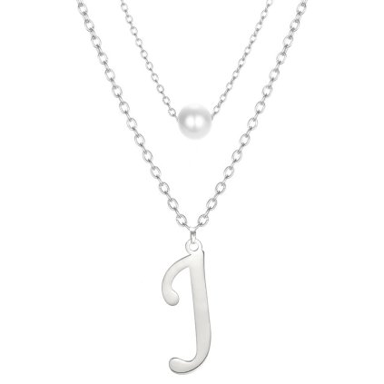 Ocelový dvojitý řetízek s přívěskem - perla a písmeno J (Barva Stříbrná ocel)