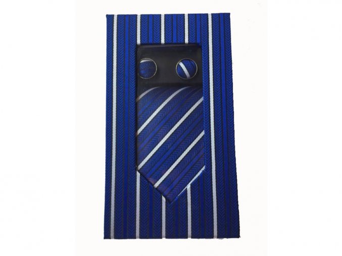Dárkový set kravata, kapesníček a manžetové knoflíčky modrý