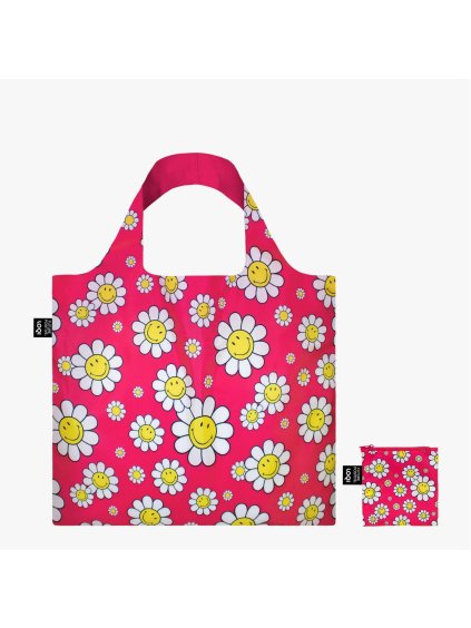 Skladacia nákupná taška LOQI SMILEY Flowers Raspberry Medium
