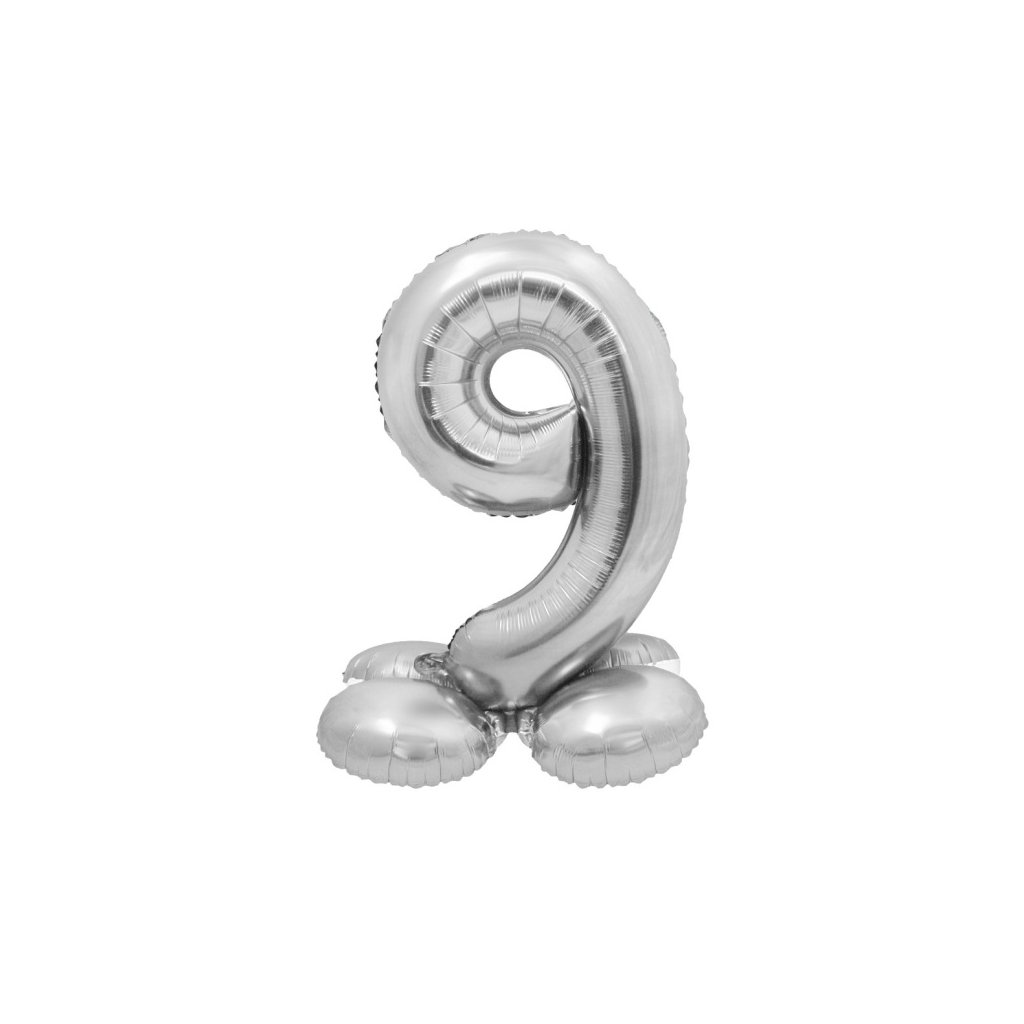 Balónek fóliový číslice 9 samostojná stříbrná 72 cm