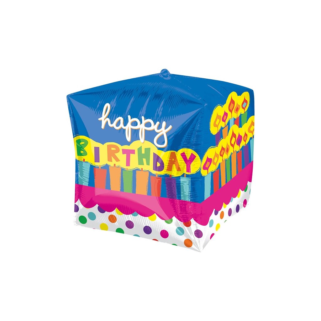 Balónek fóliový krychle Happy Birthday Svíčky 38 cm