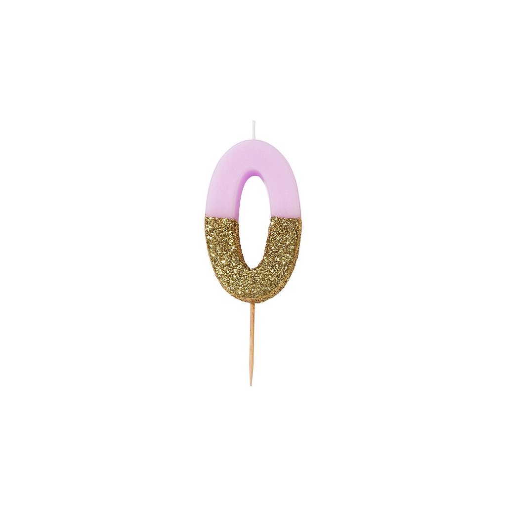 Svíčka číslice 0 glitová růžovo-zlatá 8 cm