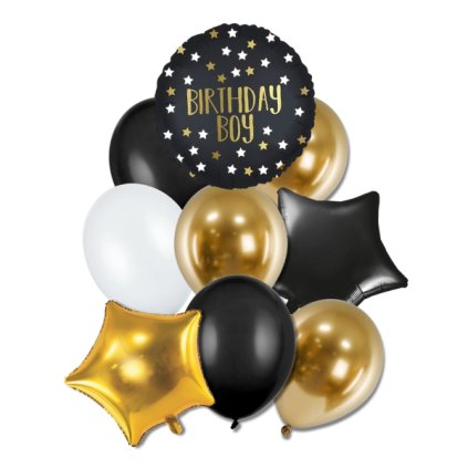 Balonkovy buket Birthday boy narozeniny zlata a cerna 9ks 99BBBBZC(1)
