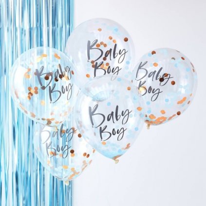 Balonky latexové transparentní s konfetami Baby Boy modré 30cm 5ks