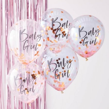 Balonky latexové transparentní s konfetami Baby Girl růžové 30cm 5ks