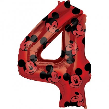 Balónek fóliový číslice 4 červená Mickey Mouse 66 cm