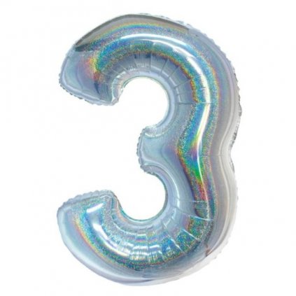 Balónek fóliový číslice 3 holografická stříbrná 76 cm