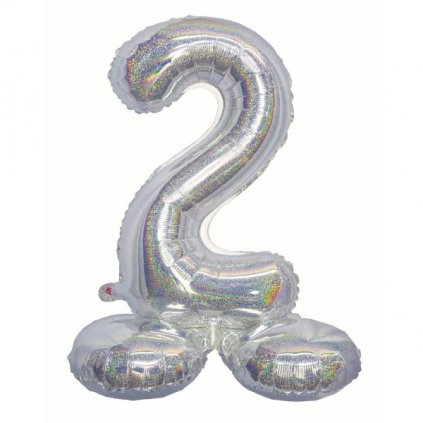 Balónek fóliový číslice 2 samostojná holografická stříbrná 72 cm