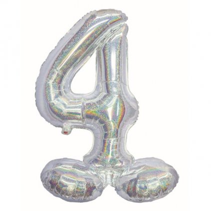Balónek fóliový číslice 4 samostojná holografická stříbrná 72 cm