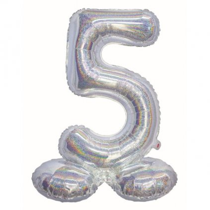 Balónek fóliový číslice 5 samostojná holografická stříbrná 72 cm