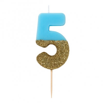 Svíčka číslice 5 glitrová modro-zlatá 8 cm