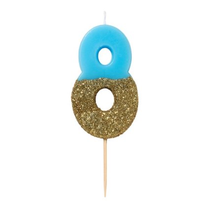 Svíčka číslice 8 glitrová modro-zlatá 8 cm