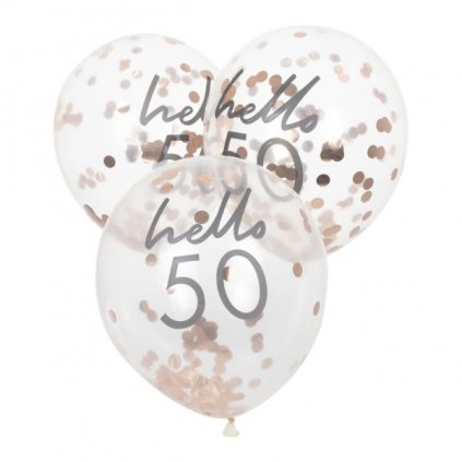 Balónky latexové transparentní Hello "50" s konfetami 30 cm 5 ks