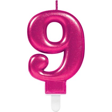 Svíčka číslice 9 třpytivě růžová 9,3 cm