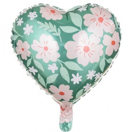 Balónek ve tvaru srdce s květinovým jarním vzorem 45 cm