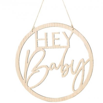 Baby shower Hey baby -  Dekorační kruh závěsný dřevěný  36 cm