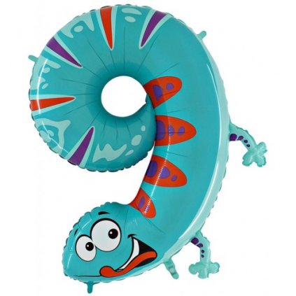 Balónek fóliový číslice 9 motiv Ještěrka 102 cm