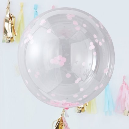 Balónkulatý obří o průměru 90 cm průhledné s růžovými konfetkami, 3 ks