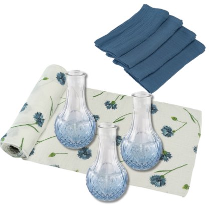 Set na stul serpa stolova s ubrousky a vazickami chrpa ocelove modra modre sklo 99SSCHRPSVM