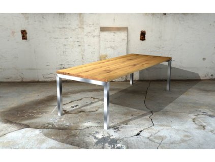 Jídelní stůl z masivního dubového dřeva s ocelovým rámem (délka 300 cm, šířka 120 cm, výška 80 cm)