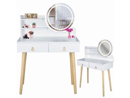Toaletní stolek se zrcadlem LED, Stylo SCANDI SD-2972 - bílý / světlý buk