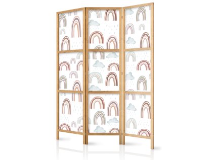Japonský paraván - Rainbows and Clouds - Různě velké duhy v tlumených barvách mezi dešťovými mraky v bledě modrém odstínu.