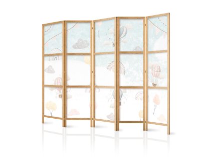 Japonský paraván s veselým motivem balónků, duhy a hvězd – svěží a optimistický doplněk do interiéru