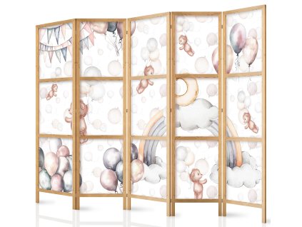 Japonský paraván v bílé a pastelových barvách s medvídky, balónky a vlaječkami – kouzelný doplněk do dětských pokojů a heren