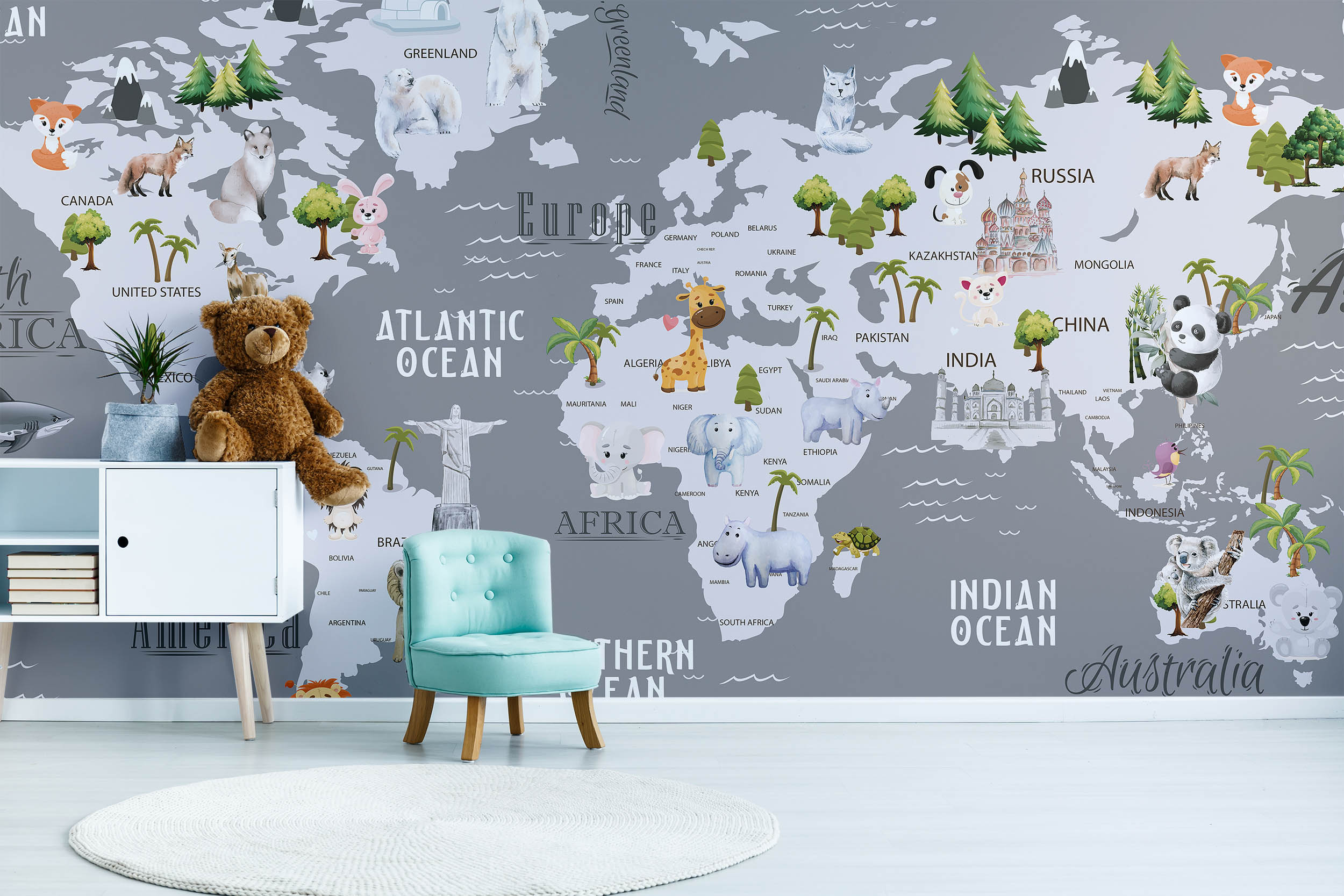 Tapeta Mapa se zvířaty dětská Vel (šířka x výška): 360 x 260 cm